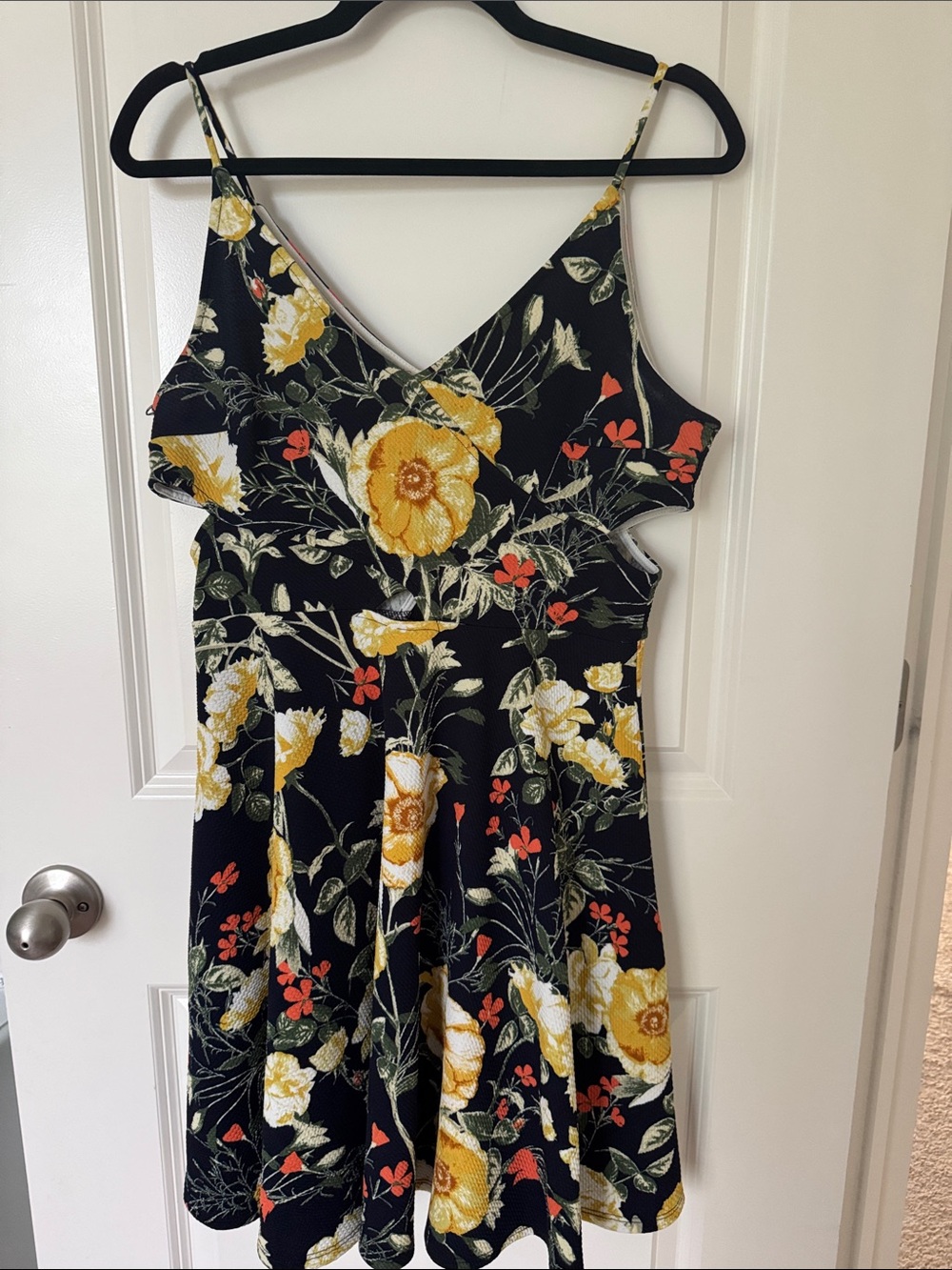 Floral V-Neck Spaghetti Strap Dress - Black with Yellow & Red Floral